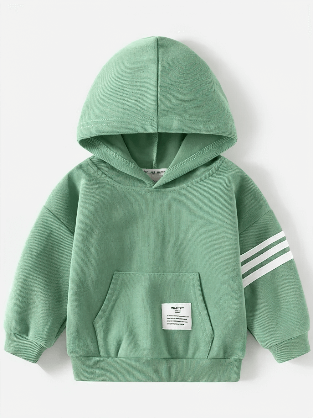 Light green kid's hooded sweatshirt with white stripes on sleeves, SF3101. Cozy fleece lining for warmth and casual winter wear.